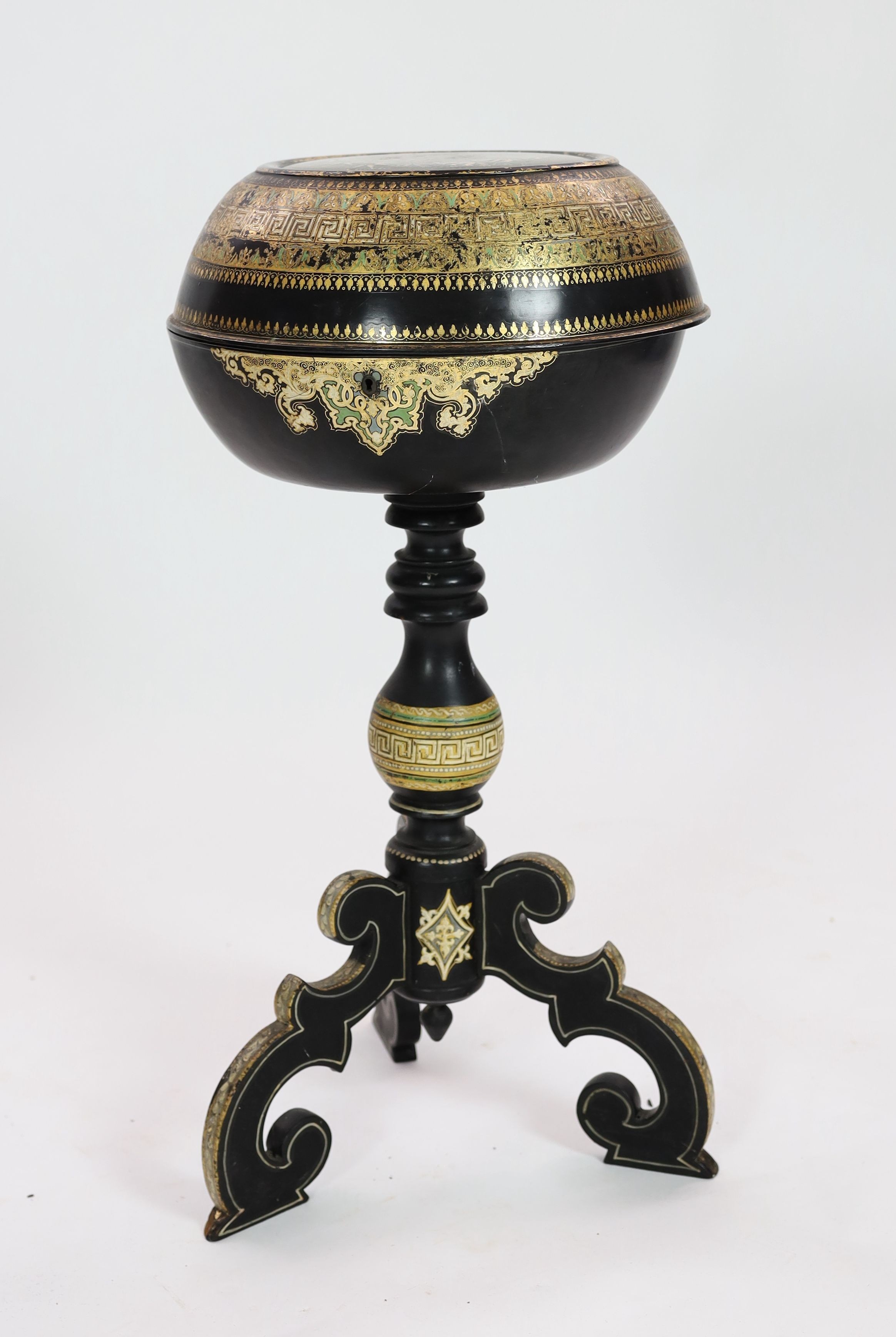 A Victorian papier mache and ebonised wood tripod work table, 83cm high 41cm diameter